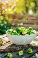 fresh brussels sprouts in a white bowl on a wooden table. Selective focus