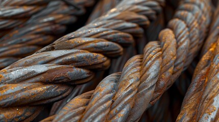 Wall Mural - An upclose view of intertwined steel cables their tightly twisted strands showing signs of wear and tear