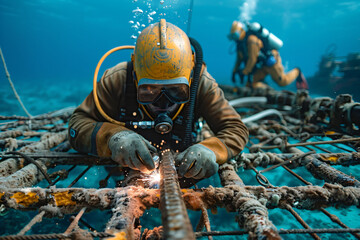 Professional underwater welder at work on marine structures. Underwater welding operations for industrial maintenance and repair. Commercial diving and marine construction concept for design and print