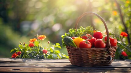 Canvas Print - fresh vegetables in a basket on a wooden table. Selective focus