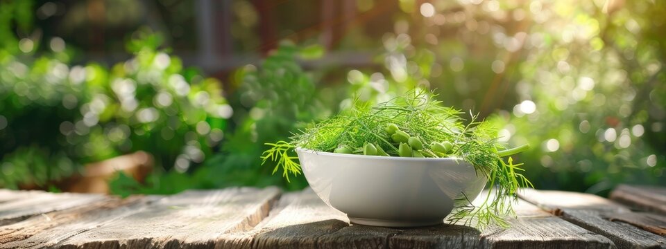 fresh dill in a white bowl on a wooden table. Selective focus