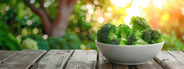 Wall Mural - broccoli in a white bowl on a wooden table. Selective focus