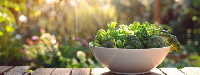 Poster - broccoli in a white bowl on a wooden table. Selective focus