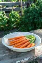Wall Mural - fresh carrots in a white bowl on a wooden table. Selective focus