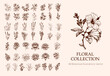 © Cami Floreciendo - Elements set botanical line art flowers drawing invitation decoration Valentine's Day, greeting cards, Mother's Day, botanical graphic drawing.Plants and bouquets without filling the white background.