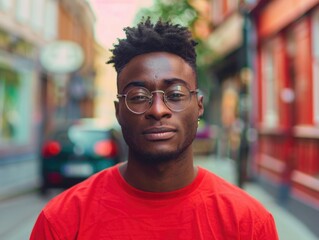 A man is depicted wearing glasses and a red shirt, possibly in an office or casual setting