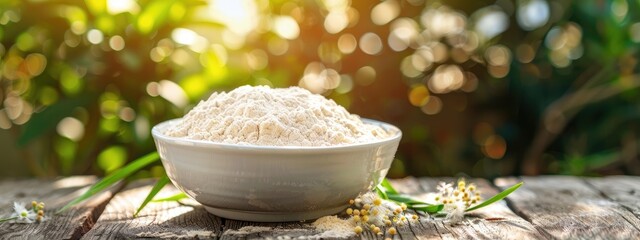 flour in a white bowl on a wooden table. Selective focus