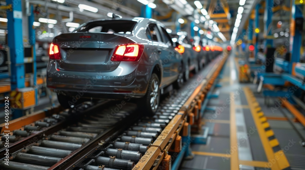 Assembly line in an automotive factory with cars being assembled by ...