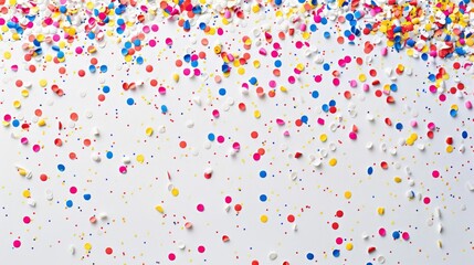 An abstract background featuring colorful confetti-like shapes scattered across a white backdrop.