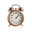 © Moonroad - Vintage brass analog alarm clock with white face and black numerals, isolated on transparent background, showing ten o'clock.