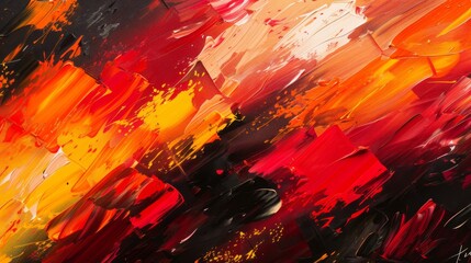 Fototapete - An abstract background of bold, colorful brushstrokes in red, orange, and yellow against a dark backdrop. The energetic and expressive strokes evoke a sense of creativity and passion