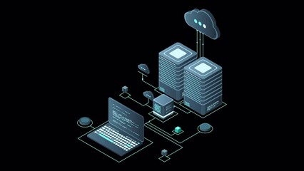 Wall Mural - isometric computer technology animation. computation of big data center. cloud computing. online dev