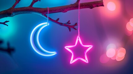 Poster - Neon crescent and star hanging from branch