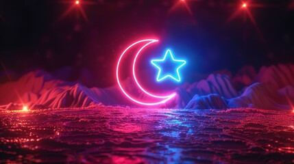 Wall Mural - Neon crescent moon and star on a futuristic landscape