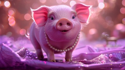 Wall Mural - Cute pig in a sparkling setting