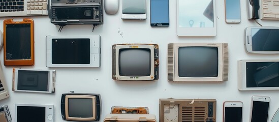 Sticker - A flat lay of various mobile devices, from smartphones to tablets and laptops, is arranged on a white background.