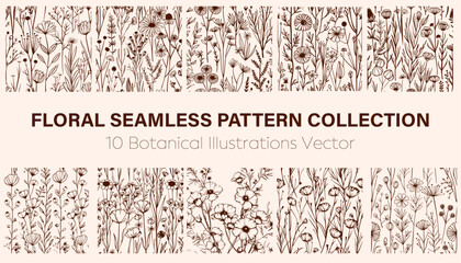 seamless patterns set botanical line art flowers drawing invitation decoration Valentine's Day, greeting cards, Mother's Day, botanical graphic drawing, textile patterns. Plants and bouquets without f