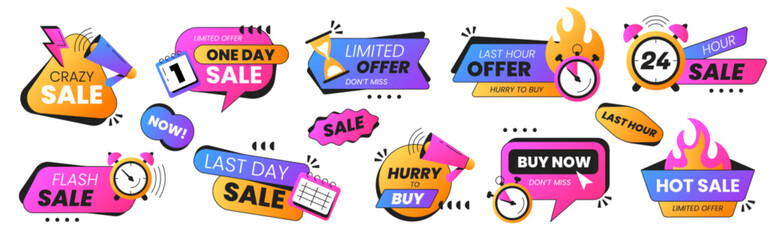 Set of last time or limited offer badges. Sale promo stickers with alarm clock, calendar, countdown or megaphone icon. Hot sales, special deal, only day and hurry up icons. Discount label for shopping