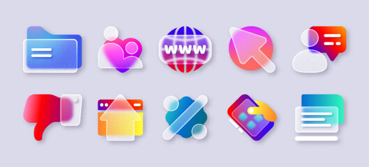 Transparent frosted glass morphism icon. 3d glassmorphism ui icons with document folder, user contact profile, arrow, sale discount sign, phone and laptop for mobile app. Realistic matte blur buttons.