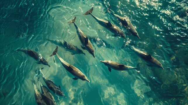 An aerial view of a dolphin pod swimming in formation, their synchronized movements creating mesmerizing patterns on the ocean's surface
