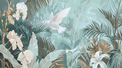 Wall Mural - Illustration of tropical wallpaper print design with palm leaves, monstera leaves, birds and texture. Exotic plants and birds on textured background. AI generated illustration