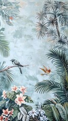 Wall Mural - Illustration of tropical wallpaper print design with palm leaves, monstera leaves, birds and texture. Exotic plants and birds on textured background. AI generated illustration