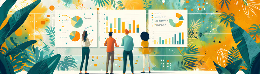 Flat design illustration of HR team collaborating on diversity and inclusion strategy using charts and digital tools   3 color scheme concept