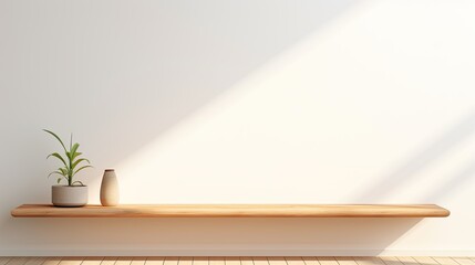 Wall Mural - Empty Light Wood Table with Soft Shadow and Sun Rays on White Wall Background