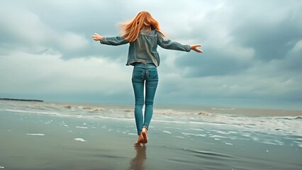 Wall Mural - Young woman standing by the sea, arms outstretched, balancing on one leg