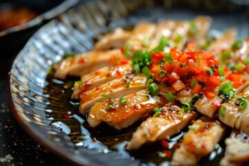 Sticker - a plate of chicken with sauce and vegetables