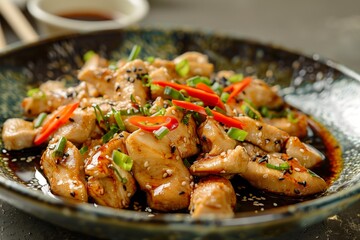 Sticker - a bowl of chicken with sesame seeds and red peppers