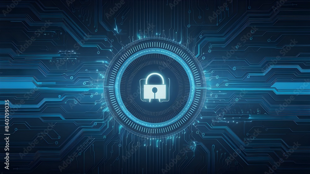 A blue technology background with a lock in a round center, computer technology background, technology abstract background