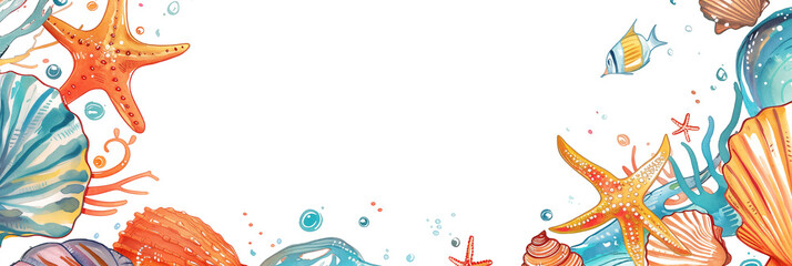 Wall Mural - Underwater marine sea life with seashells, starfish, and seaweed banner. Panoramic web header. Wide screen wallpaper