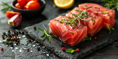 a black slate board topped with sliced up salmon and herbs next to a bowl of tomatoes and lemons