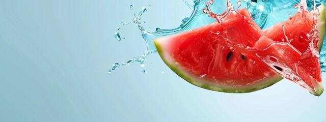 Summer fruit, watermelon juice splash, on blue clean isolated background, as wide business banner design with copy space, New Year, Christmas theme, 4k HD wallpaper generated by AI, HD wallpaper, back