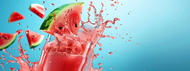 Summer fruit, watermelon juice splash, on blue clean isolated background, as wide business banner design with copy space, New Year, Christmas theme, 4k HD wallpaper generated by AI, HD wallpaper, back