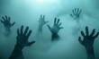 © Tarek - Multiple Zombie Hands Reaching Out from Fog, Ultra Realistic Halloween Background