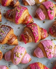 Wall Mural - Freshly Baked Croissants With Pink Glaze and Sprinkles on Marble Countertop