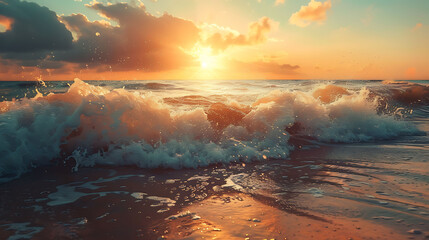 beautiful beach with waves ocean sunset