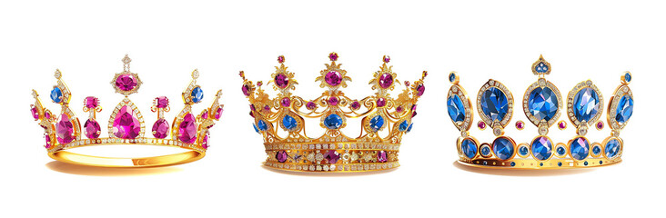 3 different crowns made of gold with rubies and sapphires, isolated on a white background, detailed in the style of PNG photo cutouts