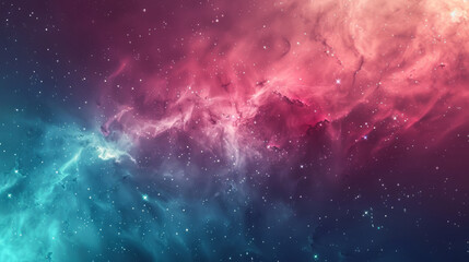 Wall Mural - Abstract watercolor space scene, gradients of teal and crimson, glowing stars, swirling nebulae, gradient background, empty area for text 