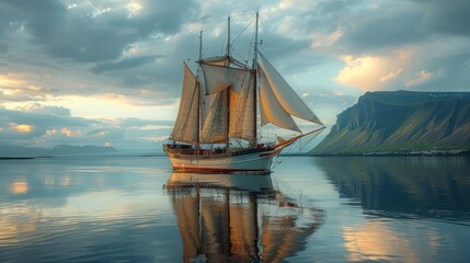 old sailboat on water lake with mountain background