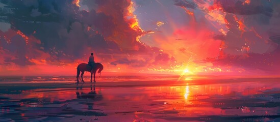 man riding horse along on the beach at sunset