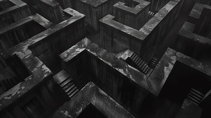 A dark and mysterious maze, with towering walls and staircases leading to nowhere