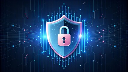 Shield with digital lock symbol, dark background, binary code overlay, secure and modern, tech protection