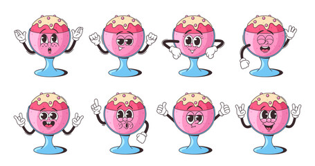 Wall Mural - set of retro cartoon ice cream characters showcasing different facial expressions and emotions, vect