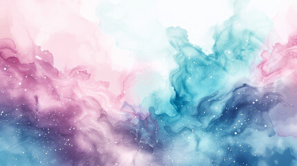 Wall Mural - gradient watercolor space with pastel pink and turquoise, abstract swirling galaxies, stars twinklin