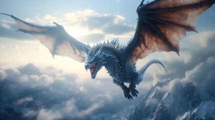 Wall Mural - Powerful dragon flying in sky with clouds and mountains.