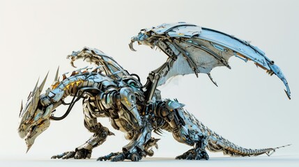 Wall Mural - Isolated dragon robot with mechanical structure over plain background.
