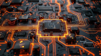 Wall Mural - Digital glowing motherboard chip. Concept of central computer processors.
